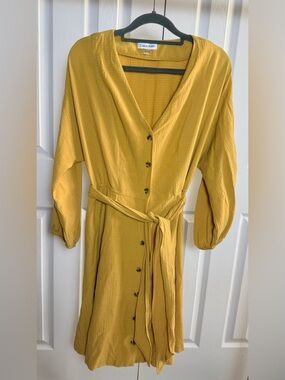 Calvin Klein Mustard Yellow Button-Front Midi Dress with Tie Belt
